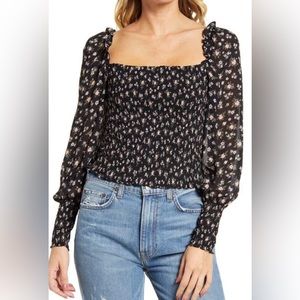 REFORMATION Pinto Smocked Floral Print Top Black Freesia